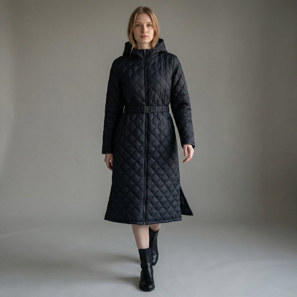 Puffer Quilted Buckle Long Coat Belted Preppy Lightweight Fifted Womens M Black‎